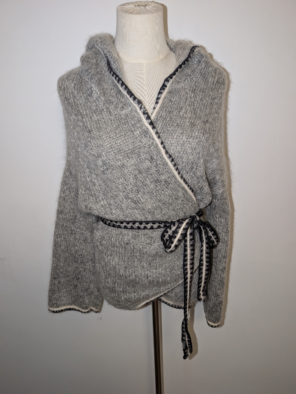 Stefanel Gray Hooded Wrap Cardigan with Black-Trim Tie Belt